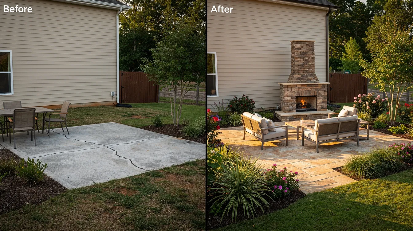 Before-and-after patio transformation in Roswell, Georgia, showcasing custom stone patio, fireplace, and lush plantings