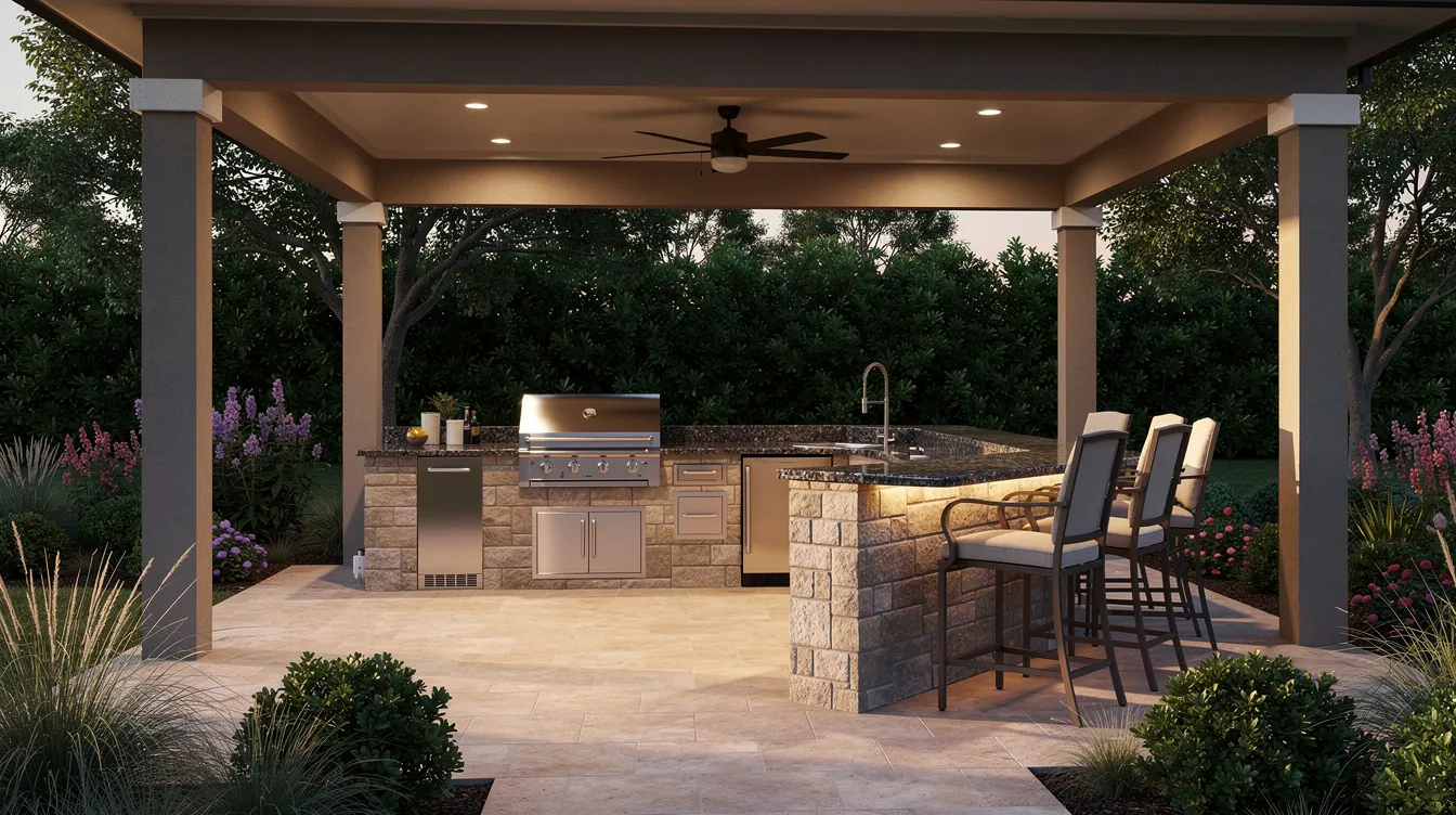 Outdoor kitchen with gas grill, granite counters, and bar seating under a covered patio in Metro Atlanta