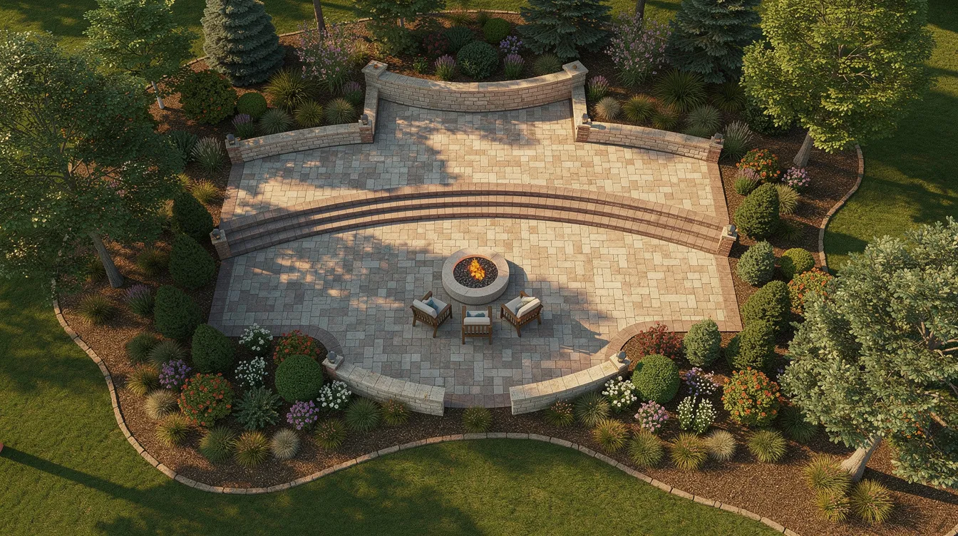 Multi-level paver patio with fire pit and lush landscaping in a Marietta backyard