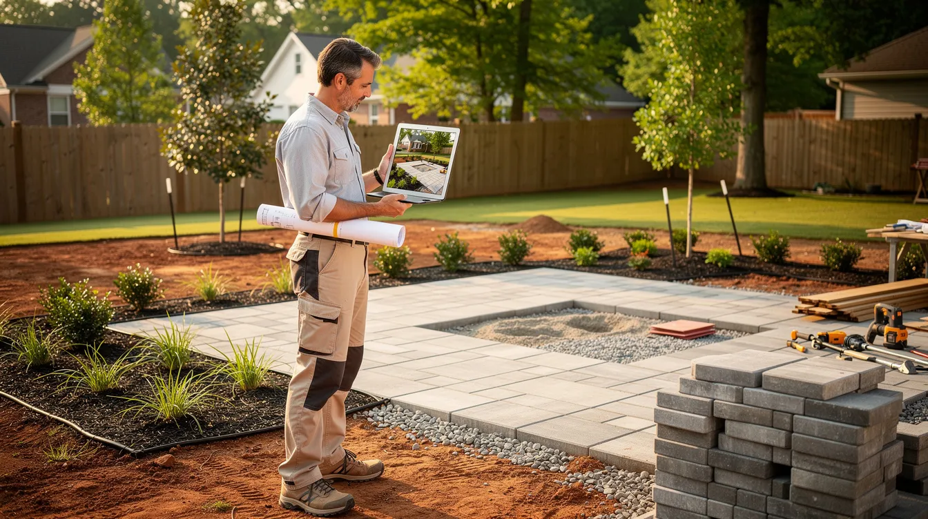 A landscape architect is reviewing a 3D rendering on a tablet while standing in a partially constructed backyard in Atlanta, showcasing stone pavers and fresh plantings. This scene highlights the creative process of project design, emphasizing the architect's vision for developing a beautiful outdoor space for homeowners.