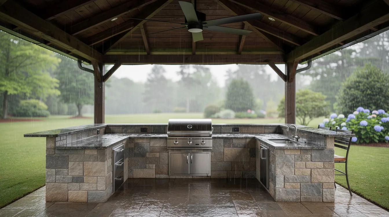 The image depicts a cozy covered pavilion outdoor kitchen in a Georgia backyard, featuring sleek stone countertops, built-in grills, and a ceiling fan, all set against the backdrop of a summer rain shower. This luxurious outdoor living space is designed for an exceptional outdoor cooking experience, perfect for entertaining family and guests.