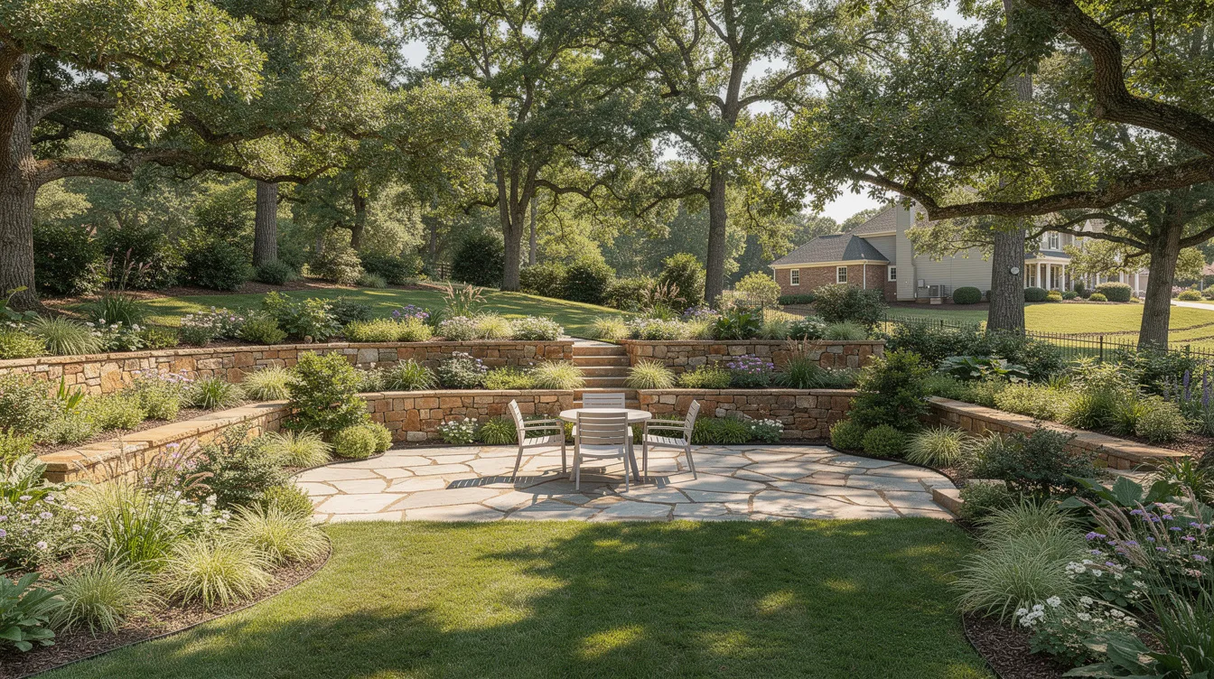 The image depicts a beautifully designed terraced backyard in Atlanta, featuring natural stone retaining walls, a flagstone patio, and vibrant green plantings, all set among mature oak trees. This creative landscape showcases the work of professional landscape architects who focus on a holistic approach to project design, enhancing the aesthetic of the property and providing a serene outdoor environment for homeowners.