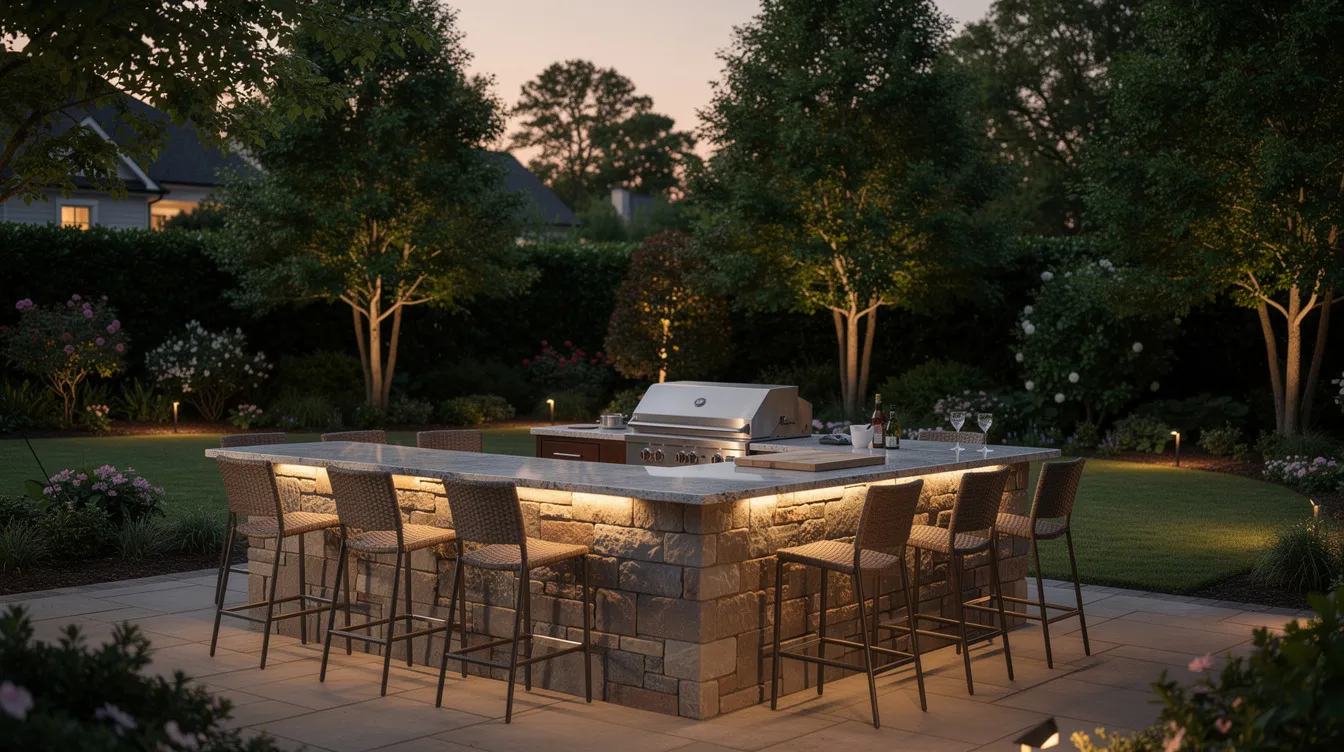 The image features a beautifully lit stone outdoor kitchen at twilight, showcasing a grill island with built-in grills, counter seating, and elegant landscape lighting, all set within a lush Atlanta backyard, creating a cozy outdoor living space perfect for entertaining. This custom outdoor kitchen enhances the outdoor cooking experience with its sophisticated design and functional features.