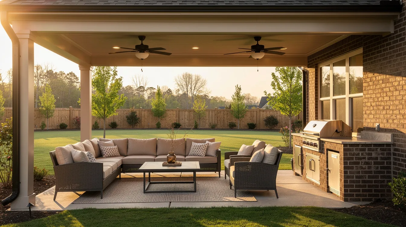 The image depicts a beautifully designed outdoor living space featuring a covered patio with ceiling fans, a built-in grill, and comfortable seating that overlooks a lush green lawn in a Metro-Atlanta suburb. This inviting area exemplifies the creative vision of landscape architects, providing homeowners with a perfect setting to enjoy life outdoors.